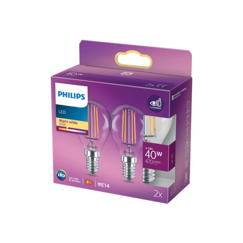Philips Philips - LED-glödlampa med filament - form: P45 - klar finish - E14 - 4.3 W - varmt vitt ljus - 2700 K (paket om 2)