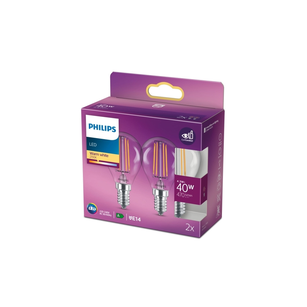 Produktbild för Philips - LED-glödlampa med filament - form: P45 - klar finish - E14 - 4.3 W - varmt vitt ljus - 2700 K (paket om 2)