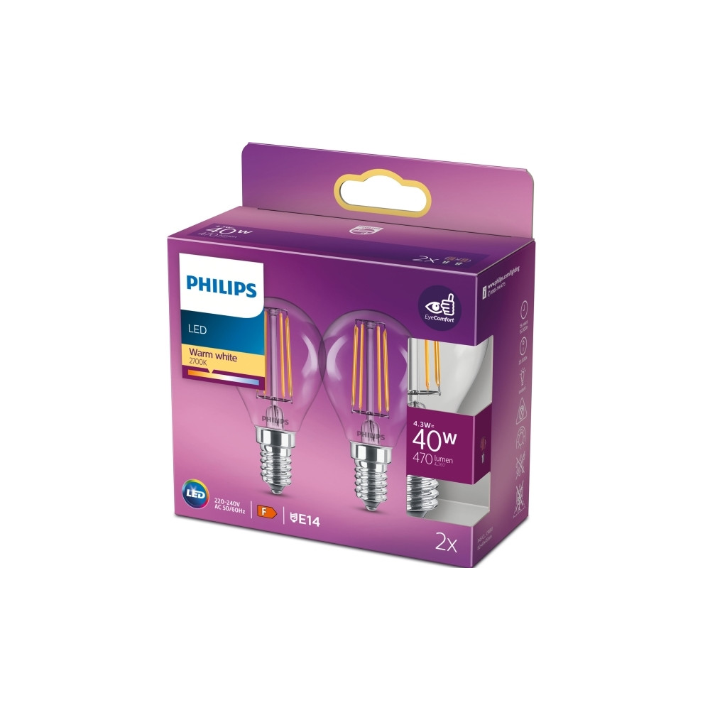 Produktbild för Philips - LED-glödlampa med filament - form: P45 - klar finish - E14 - 4.3 W - varmt vitt ljus - 2700 K (paket om 2)