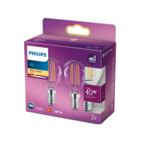 Produktbild för Philips - LED-glödlampa med filament - form: P45 - klar finish - E14 - 4.3 W - varmt vitt ljus - 2700 K (paket om 2)