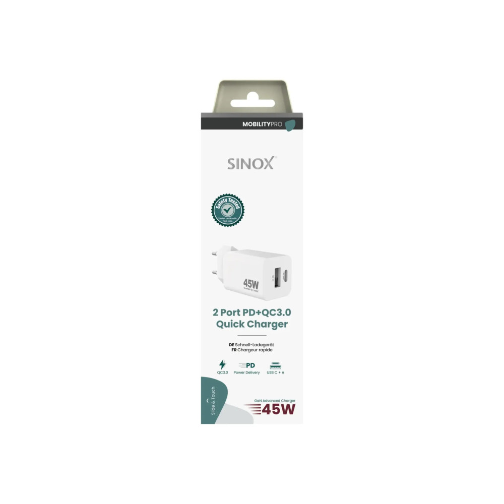 Produktbild för Sinox PRO väggladdare USB-A+USB-C PD 45W. Vit, inomhus, AC,...