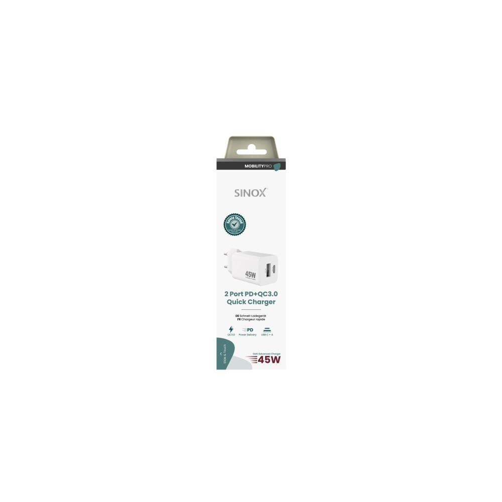 Produktbild för Sinox PRO väggladdare USB-A+USB-C PD 45W. Vit, inomhus, AC,...