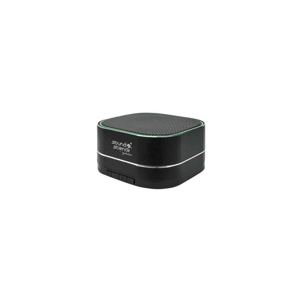 Produktbild för Manhattan Sound Science Metallic Bluetooth Speaker (Clearance Pricing), Microphone, FM Radio, Decent Sound Output (3W), 6 hour Playback time, Integrated Controls, Range 10m, microSD card reader, Aux 3.5mm, USB-A charging cable incl, Black, Bluetooth 5.0, 