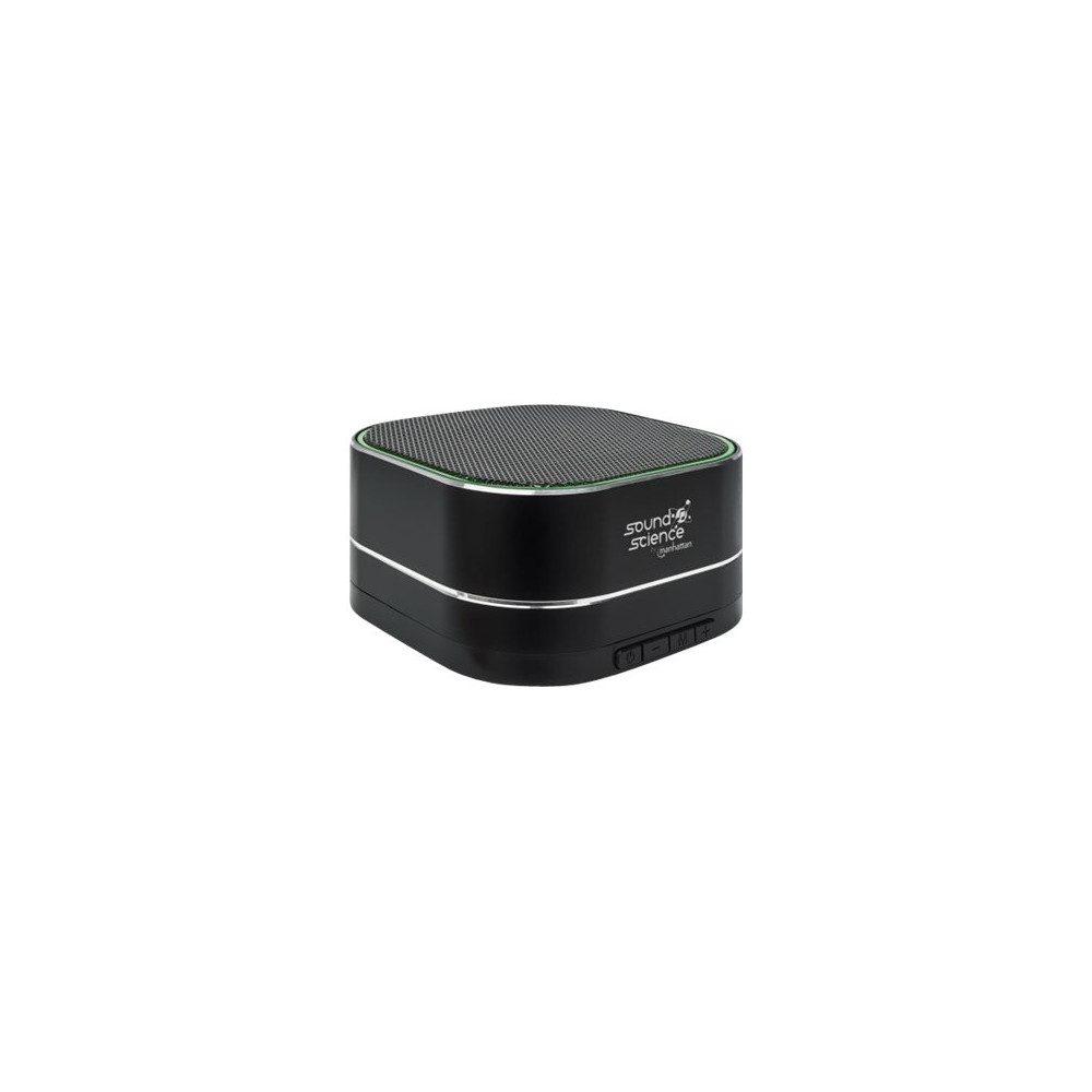Produktbild för Manhattan Sound Science Metallic Bluetooth Speaker (Clearance Pricing), Microphone, FM Radio, Decent Sound Output (3W), 6 hour Playback time, Integrated Controls, Range 10m, microSD card reader, Aux 3.5mm, USB-A charging cable incl, Black, Bluetooth 5.0, 