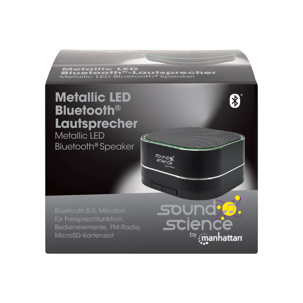 Produktbild för Manhattan Sound Science Metallic Bluetooth Speaker (Clearance Pricing), Microphone, FM Radio, Decent Sound Output (3W), 6 hour Playback time, Integrated Controls, Range 10m, microSD card reader, Aux 3.5mm, USB-A charging cable incl, Black, Bluetooth 5.0, 