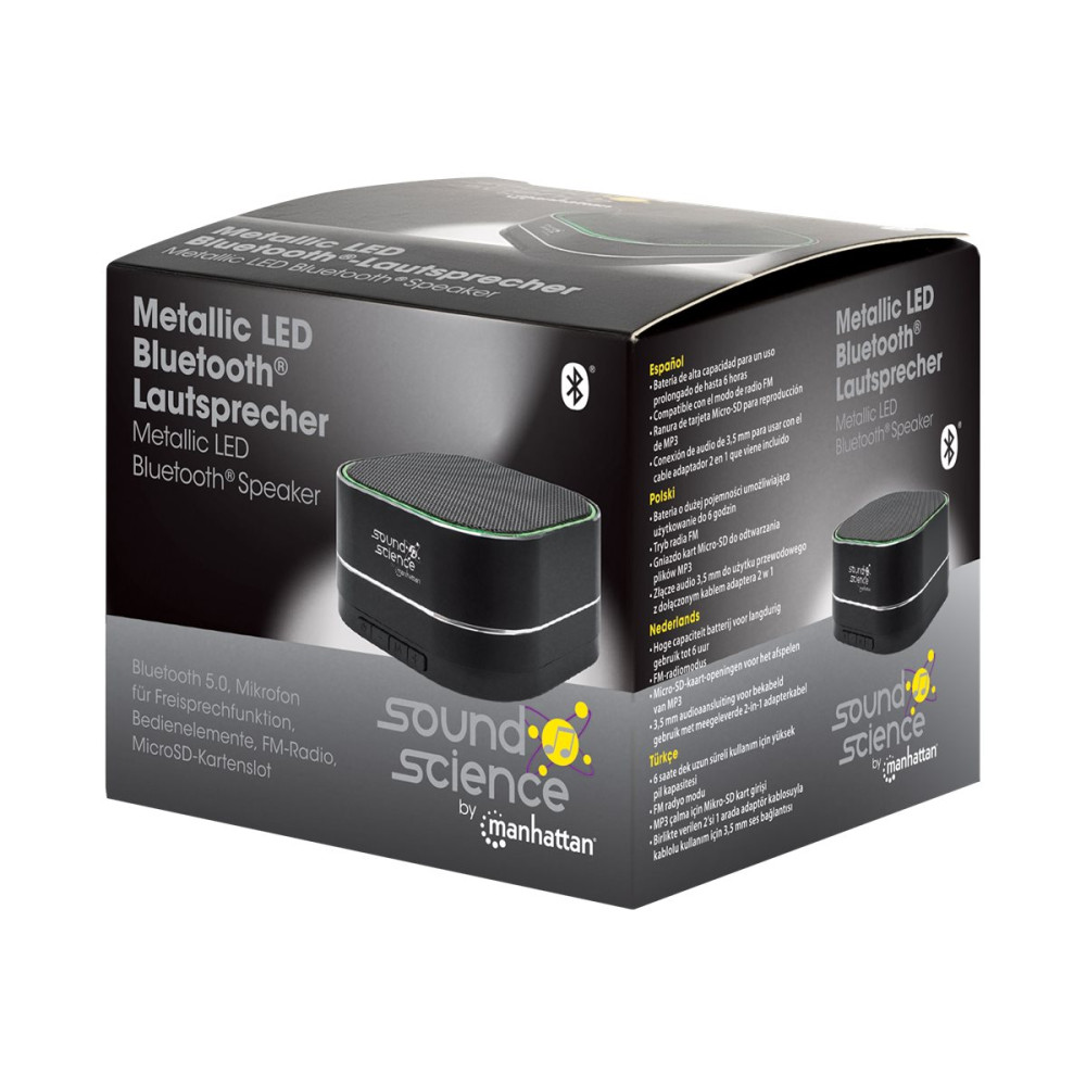 Produktbild för Manhattan Sound Science Metallic Bluetooth Speaker (Clearance Pricing), Microphone, FM Radio, Decent Sound Output (3W), 6 hour Playback time, Integrated Controls, Range 10m, microSD card reader, Aux 3.5mm, USB-A charging cable incl, Black, Bluetooth 5.0, 