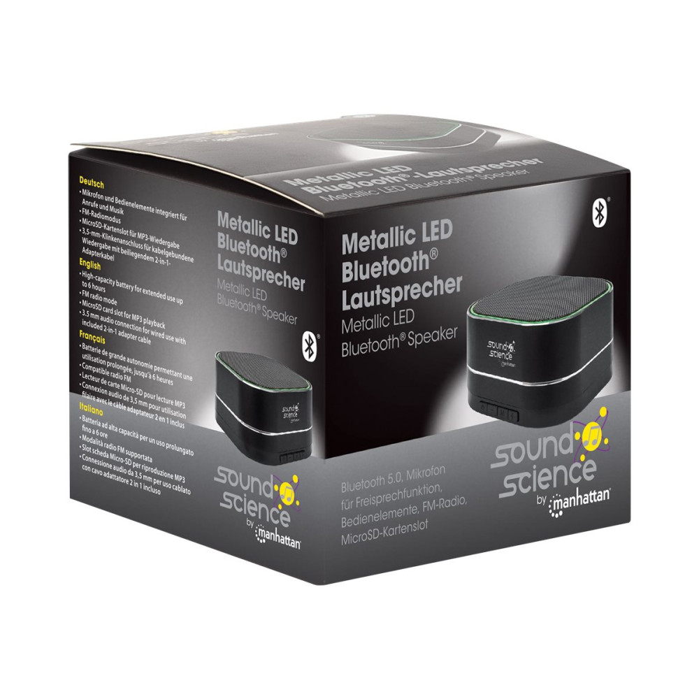 Produktbild för Manhattan Sound Science Metallic Bluetooth Speaker (Clearance Pricing), Microphone, FM Radio, Decent Sound Output (3W), 6 hour Playback time, Integrated Controls, Range 10m, microSD card reader, Aux 3.5mm, USB-A charging cable incl, Black, Bluetooth 5.0, 