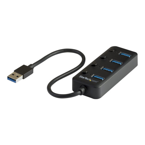 StarTech.com StarTech.com USB 3.0-hubb med 4 portar - USB-A till 4x USB 3.0 Type-A med individuella switchar för portar - USB 3.1/3.2 Gen. 1 med SuperSpeed 5 Gbps - USB-bussdriven - Bärbar - 25 cm ansluten kabel - hubb - 4 portar