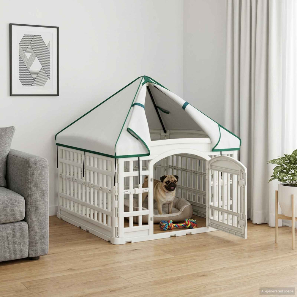 Produktbild för 4 Panel Hund Playpen med Tak 88 x 88 x 112 cm Plast Vit