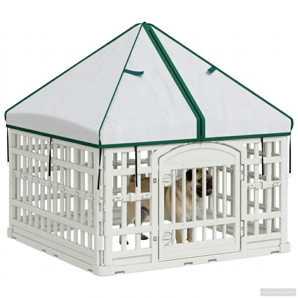 Produktbild för 4 Panel Hund Playpen med Tak 88 x 88 x 112 cm Plast Vit