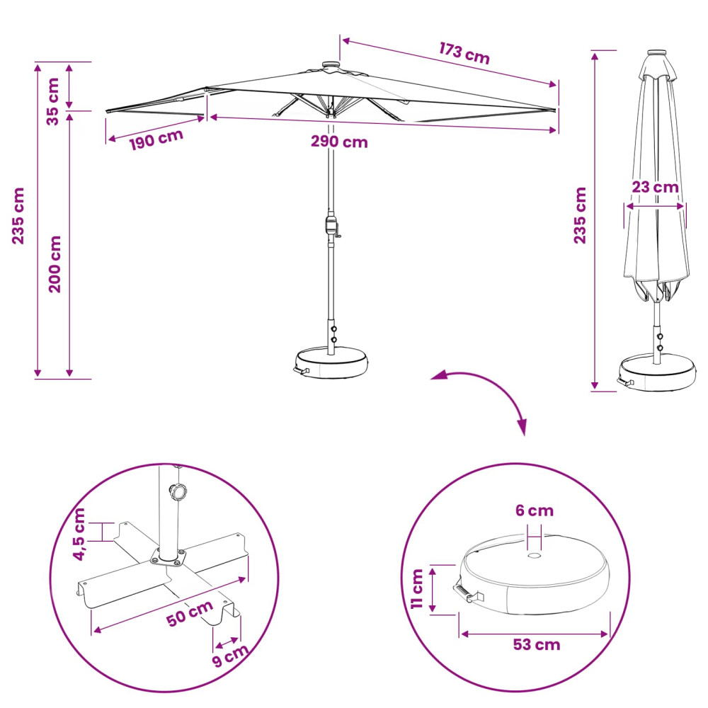 Produktbild för Trädgårdsparasol med LED-lampor och bas 200 x 300 cm Polyester