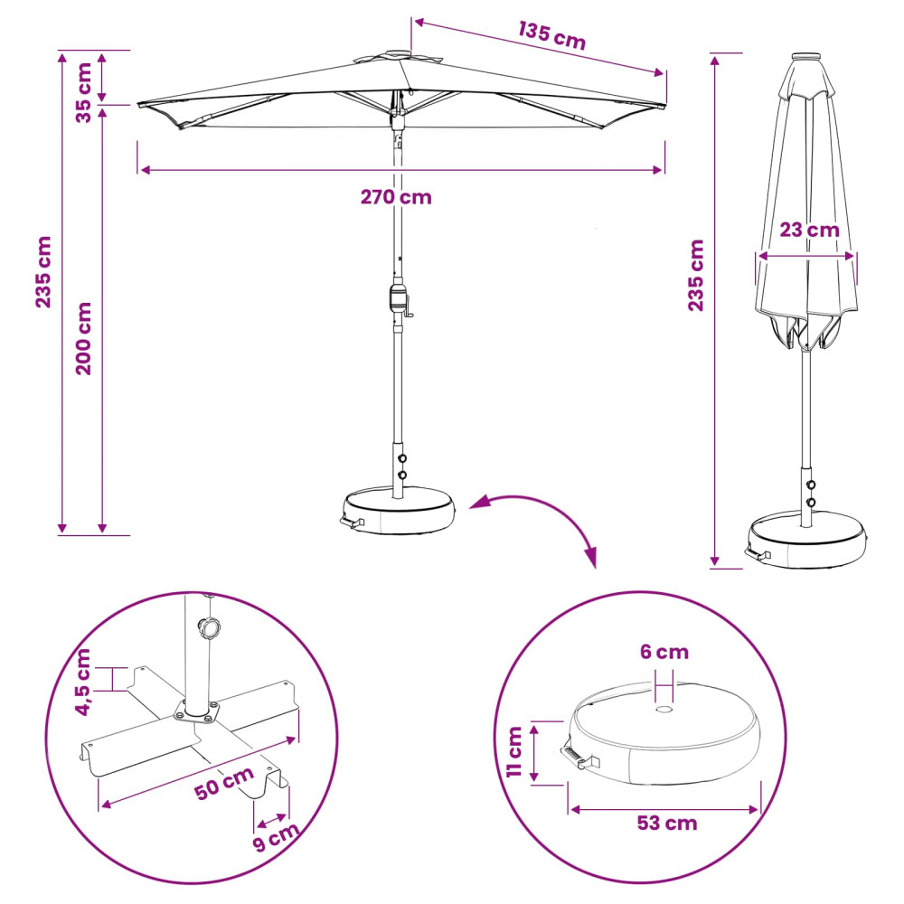 Produktbild för Trädgårdsparasol med LED-lampor och bas 270 x 270 cm Polyester