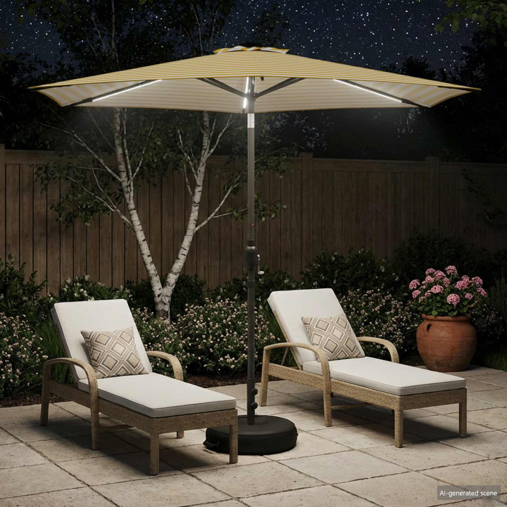 Produktbild för Trädgårdsparasol med LED-lampor och bas 270 x 270 cm Polyester