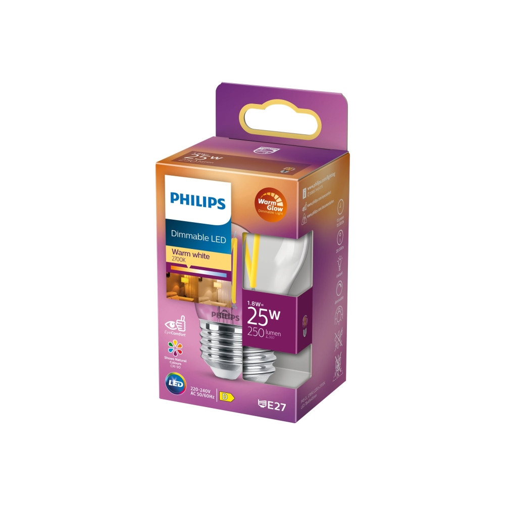 Produktbild för Philips - LED-glödlampa med filament - form: P45 - klar finish - E27 - 1.8 W - varmt vitt ljus - 2200-2700 K