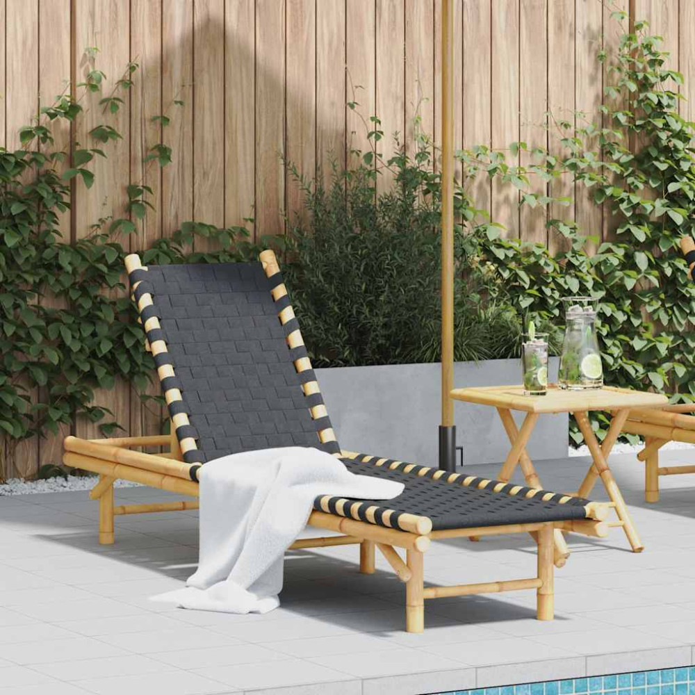 Produktbild för Solsäng med svart vävd rem 55x200x30 cm bambu