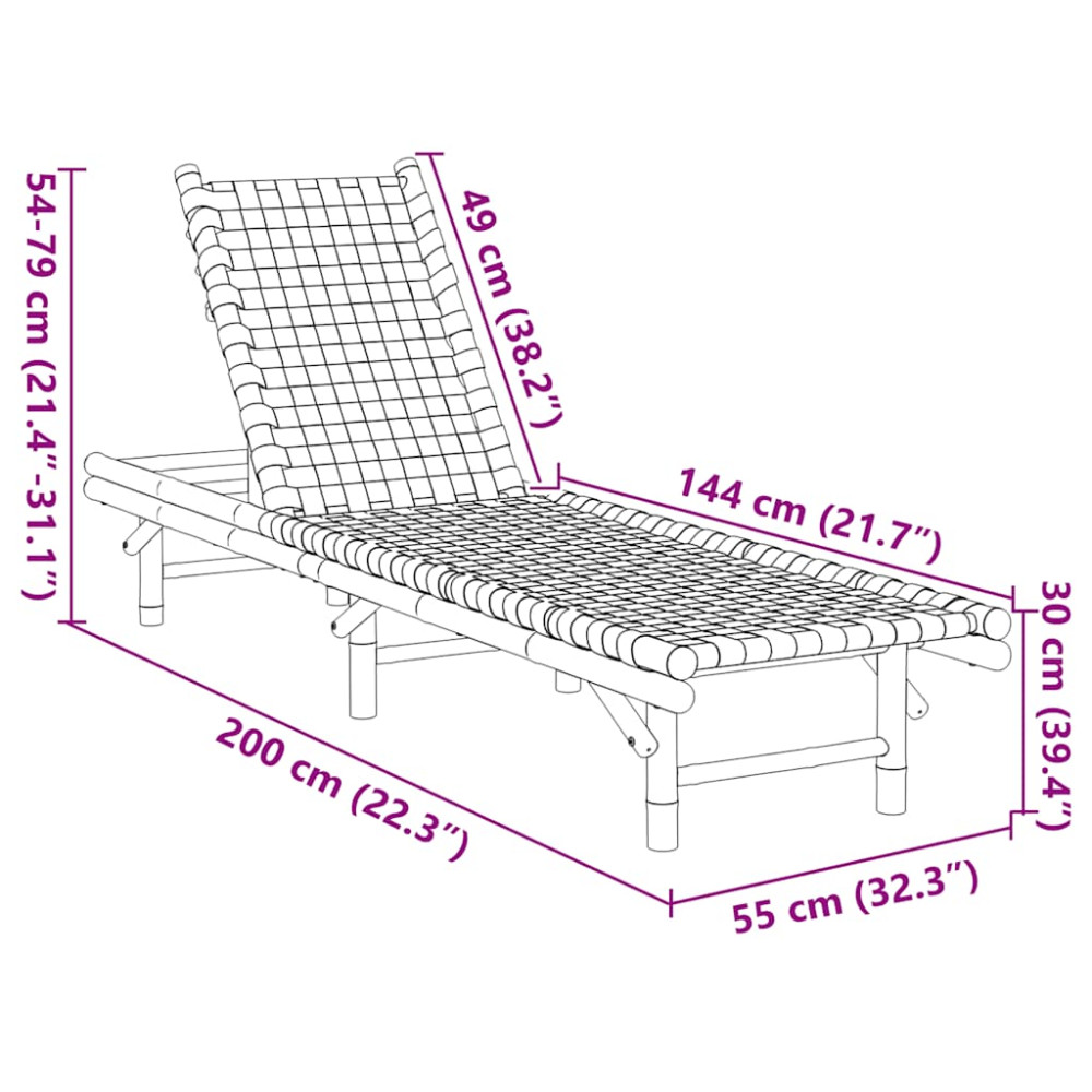 Produktbild för Solsäng med svart vävd rem 55x200x30 cm bambu
