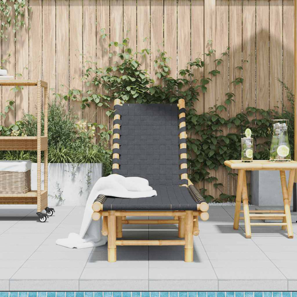 Produktbild för Solsäng med svart vävd rem 55x200x30 cm bambu