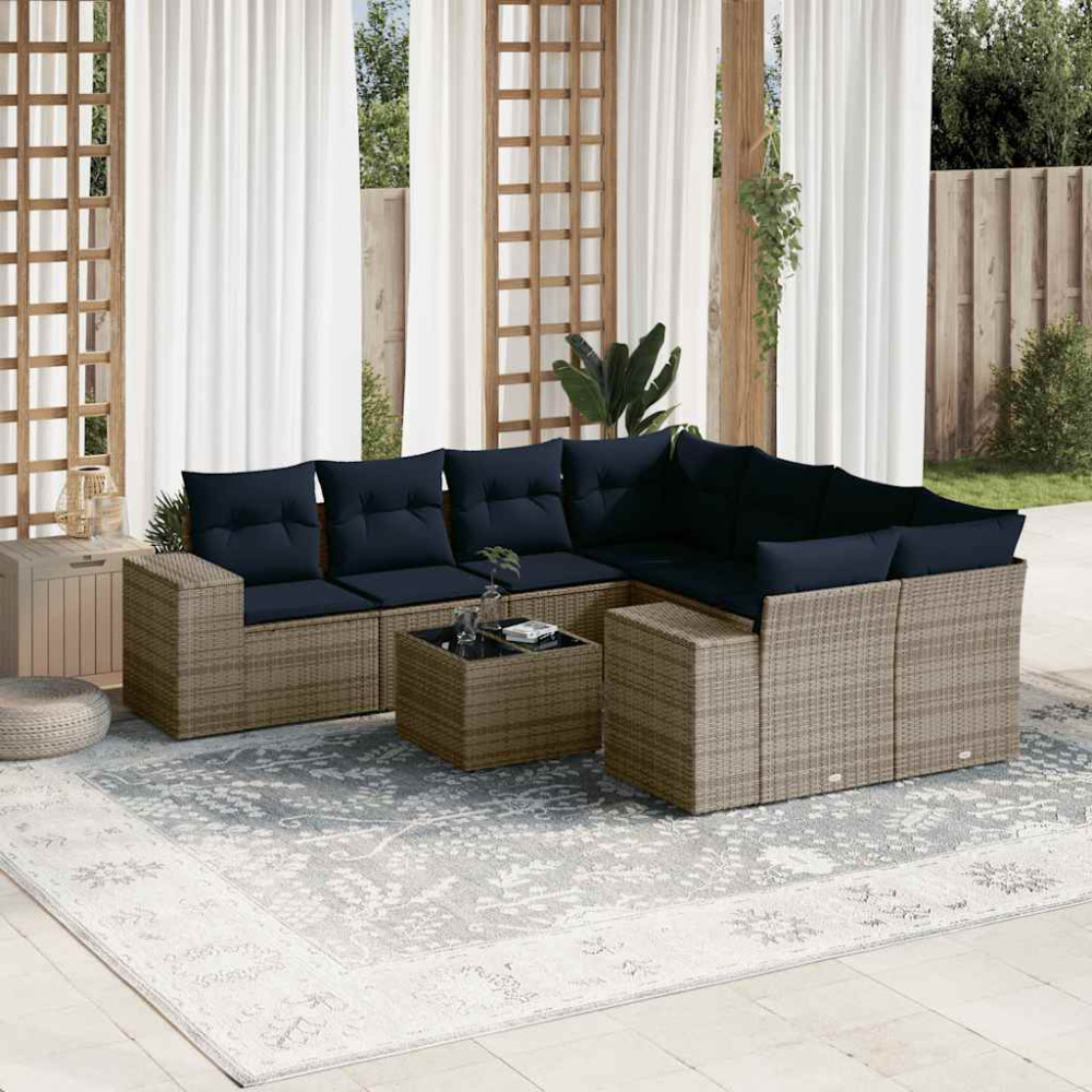 Produktbild för 9 delar trädgårdssoffgrupp med dynor grå polyrotting