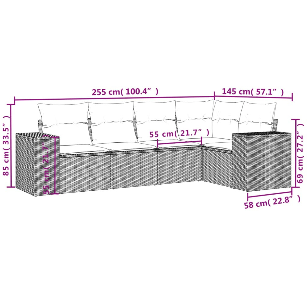 Produktbild för 5 delar trädgårdssoffgrupp med dynor svart polyrotting