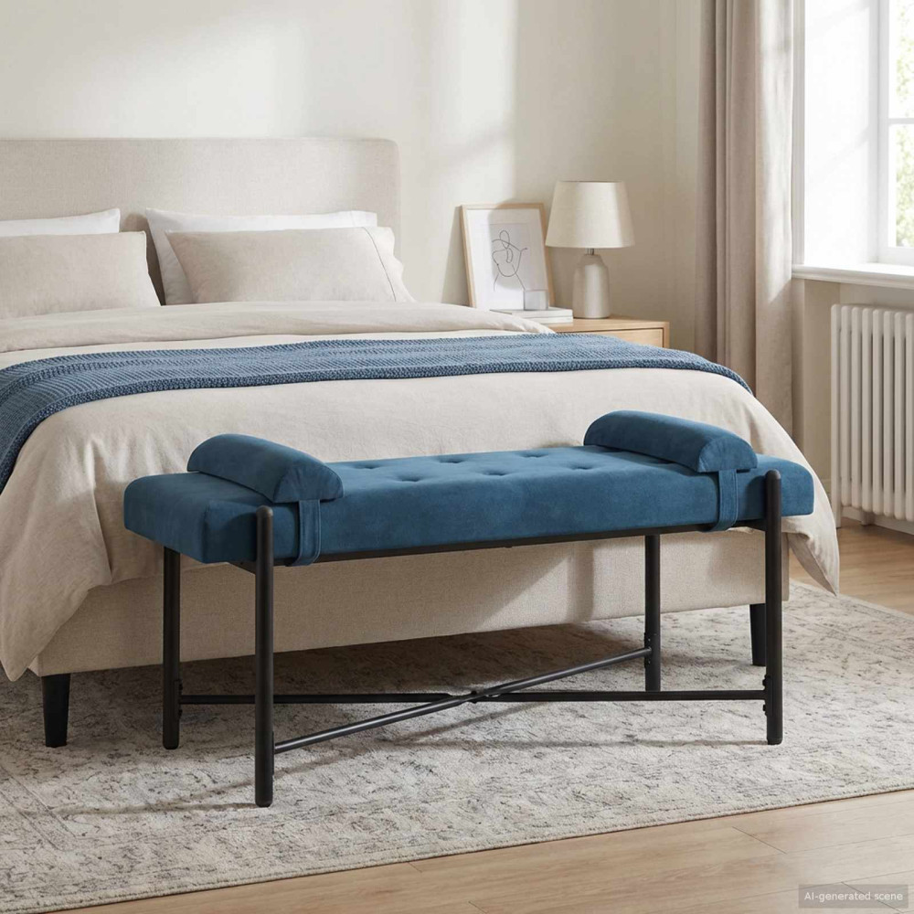 Produktbild för Knappstoppad bänk med kuddar Blå 110 x 40 x 46 cm Sammet