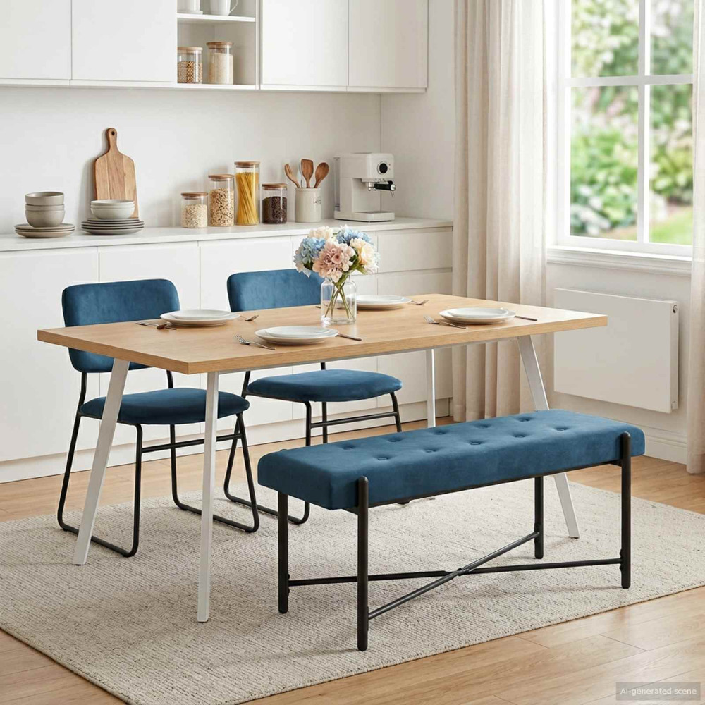 Produktbild för Knappstoppad bänk med kuddar Blå 110 x 40 x 46 cm Sammet