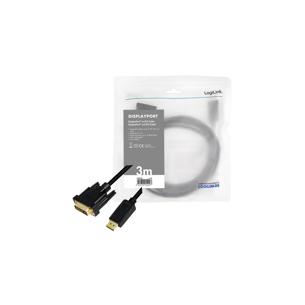 Produktbild för LogiLink - videoadapterkabel - DisplayPort till DVI-D - 3 m