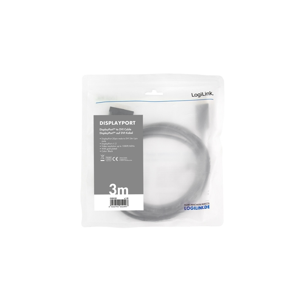 Produktbild för LogiLink - videoadapterkabel - DisplayPort till DVI-D - 3 m