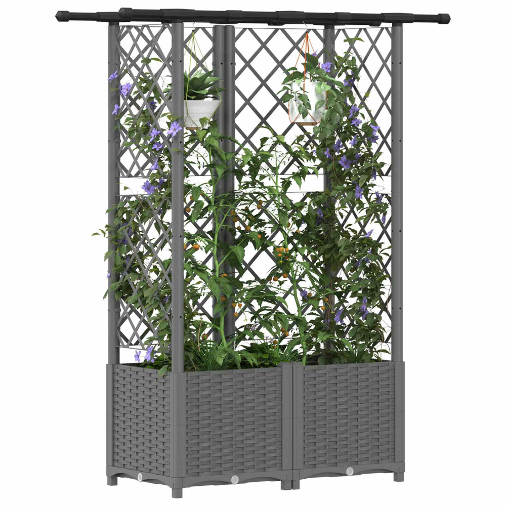 Produktbild för Upphöjd Bädd med Spaljé och Tak Ljusgrå 124,5 x 40 x 136 cm PP