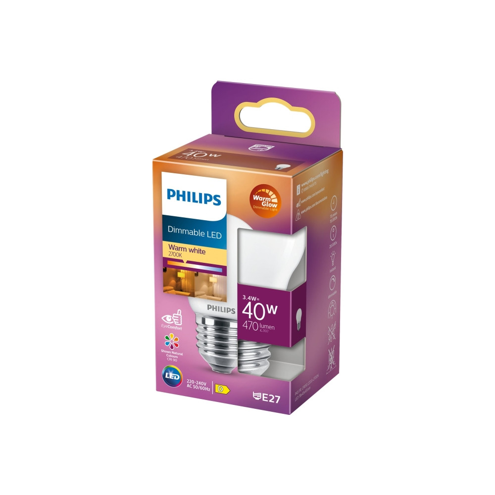 Produktbild för Philips - LED-glödlampa - form: P45 - glaserad finish - E27 - 3.4 W - varmt vitt ljus - 2200-2700 K
