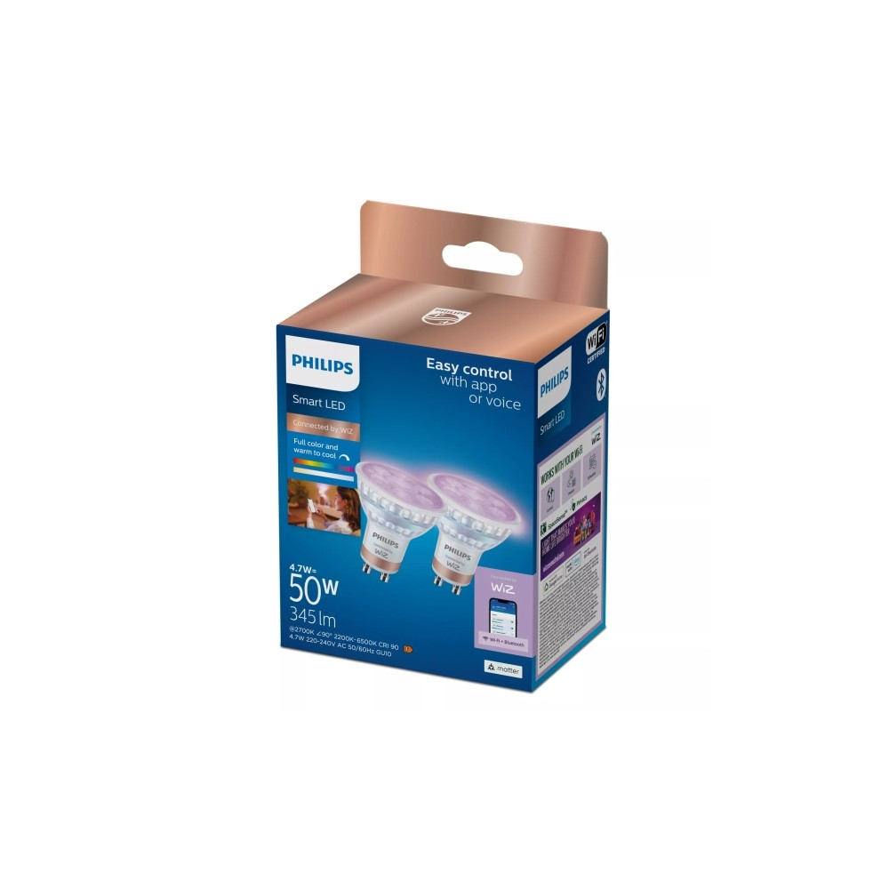 Produktbild för Philips Spot 50 W PAR16 GU10 x2, Smart glödlampa, Wi-Fi/Blue...