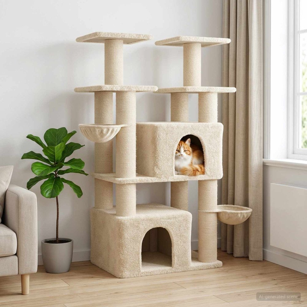 Produktbild för Kattträd med sisal klöspelare 2 st Gräddvit 147 cm