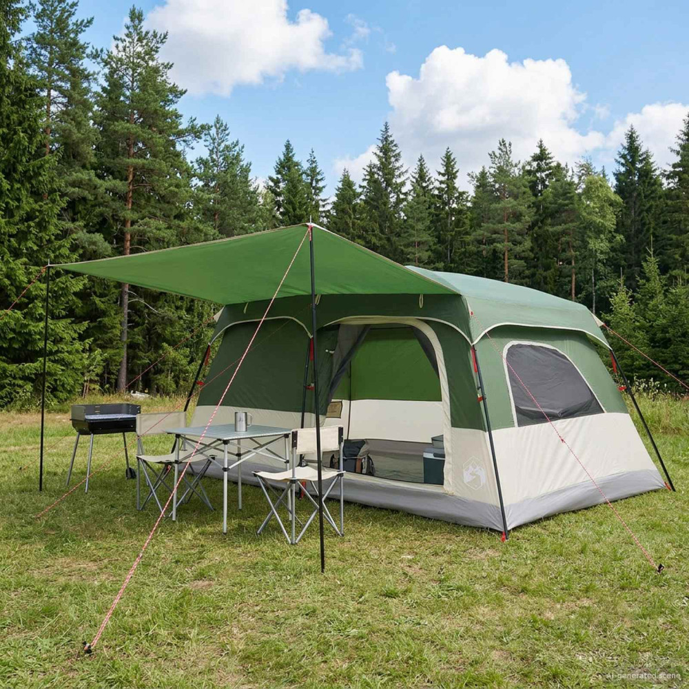Produktbild för Familjetält med tak Grön 420 x 305 x 200 cm Polyester och Stål