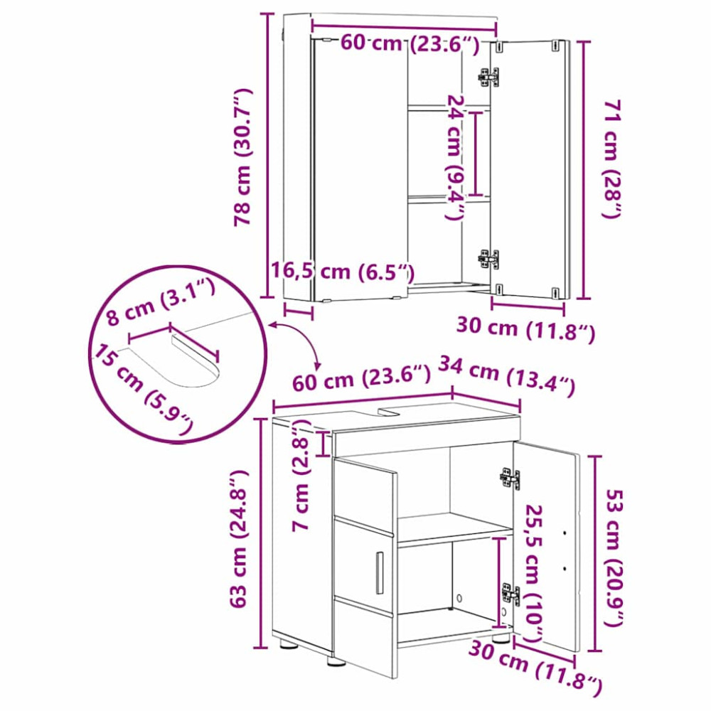 Produktbild för Badrumsmöbelset TULUM 3 pcs Betonggrå 60 x 34 x 63 cm