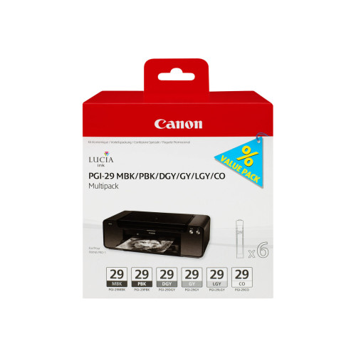 CANON Canon PGI-29 MBK/PBK/DGY/GY/LGY/CO Multipack - 6-pack - grå, ljusgrå, mörkgrå, mattsvart, foto-svart, kromoptimerare - original - bläcktank