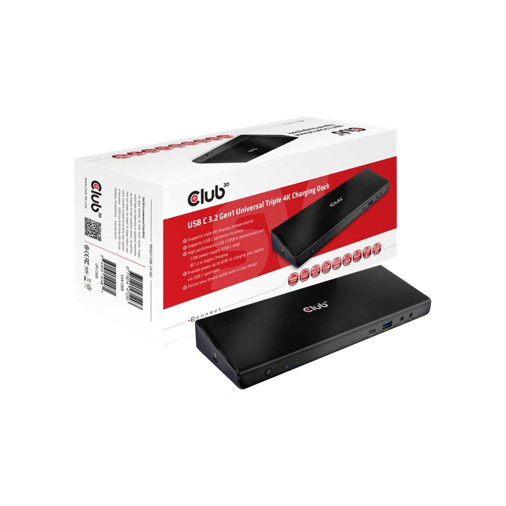 Produktbild för Club 3D SenseVision Connect USB C 3.2 Gen1 Universal Triple 4K Charging Dock - dockningsstation - USB-C 3.2 - 3 x HDMI, 2 x DP - 1GbE