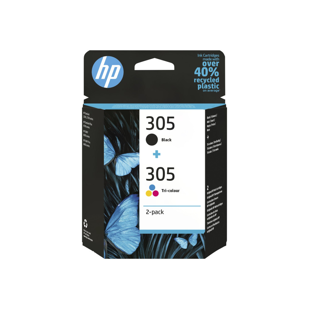 Produktbild för HP 305 - 2-pack - svart, färg (cyan, magenta, gul) - original - bläckpatron