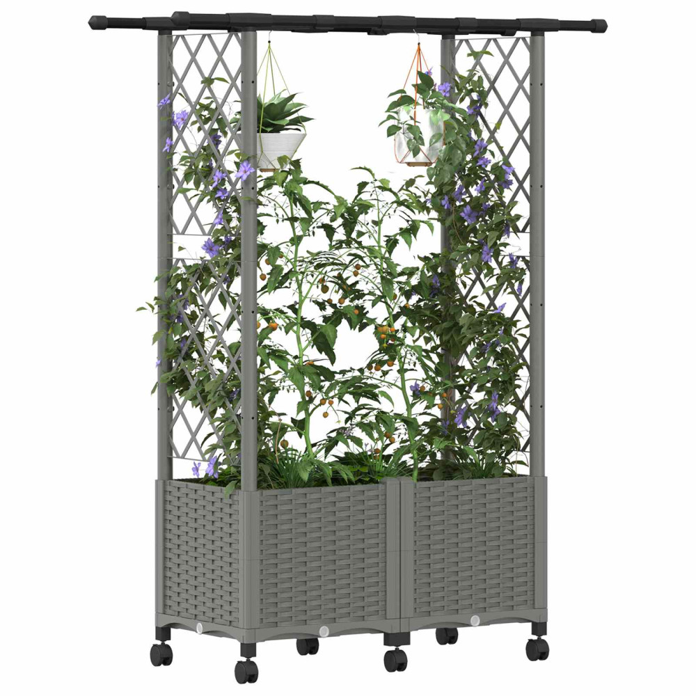 Produktbild för Upphöjd Bädd med Spaljé och Tak Ljusgrå 124,5 x 40 x 142 cm PP