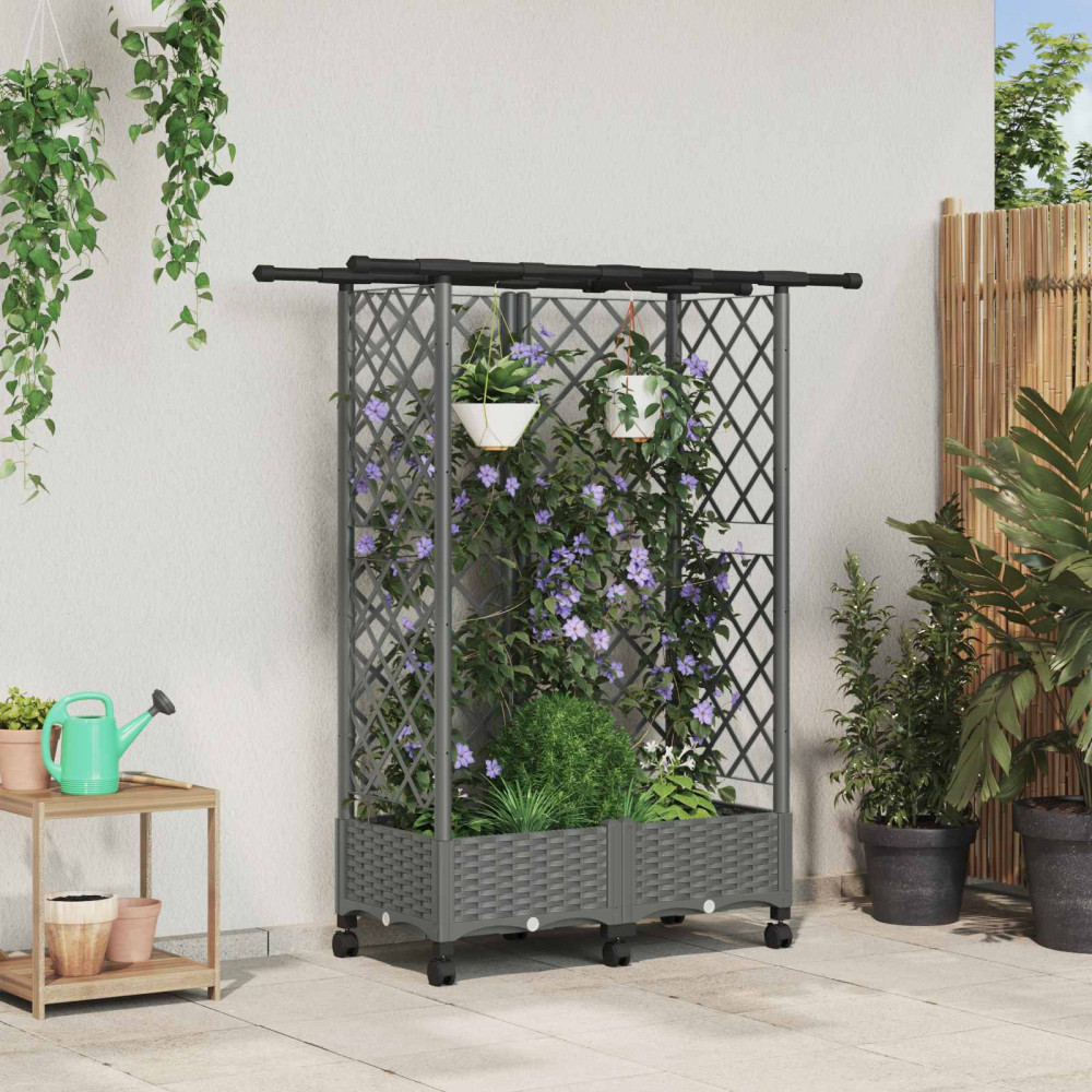 Produktbild för Upphöjd Bädd med Spaljé och Tak Ljusgrå 124 x 40 x 127 cm PP