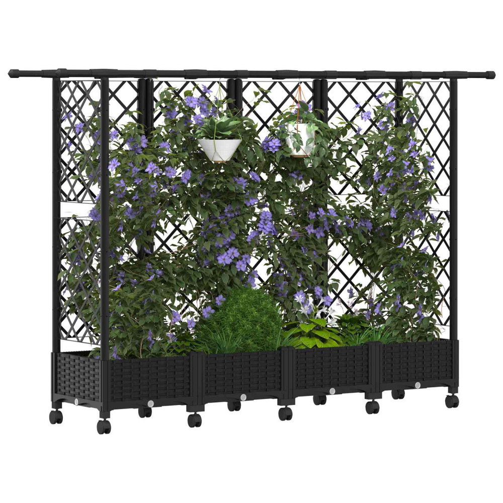 Produktbild för Upphöjd Bädd med Spaljé och Tak Svart 202,5 x 40 x 127 cm PP