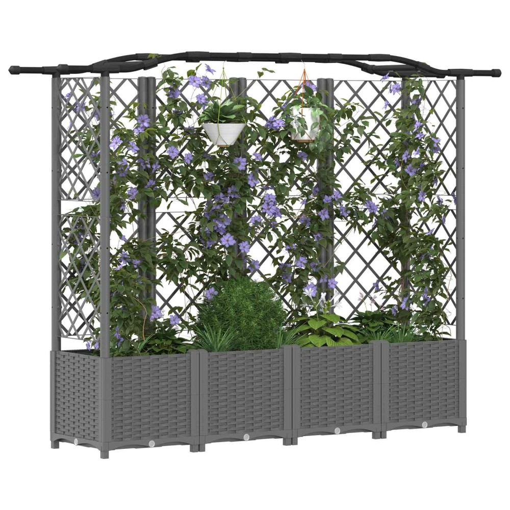 Produktbild för Upphöjd Bädd med Spaljé och Tak Ljusgrå 204 x 40 x 138 cm PP