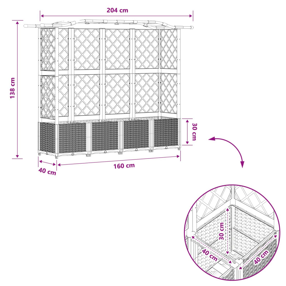 Produktbild för Upphöjd Bädd med Spaljé och Tak Ljusgrå 204 x 40 x 138 cm PP