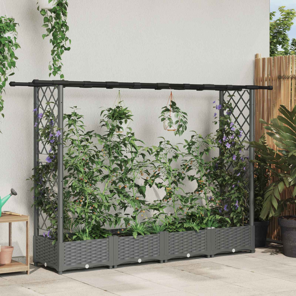 Produktbild för Upphöjd Bädd med Spaljé och Tak Ljusgrå 203 x 40 x 121 cm PP