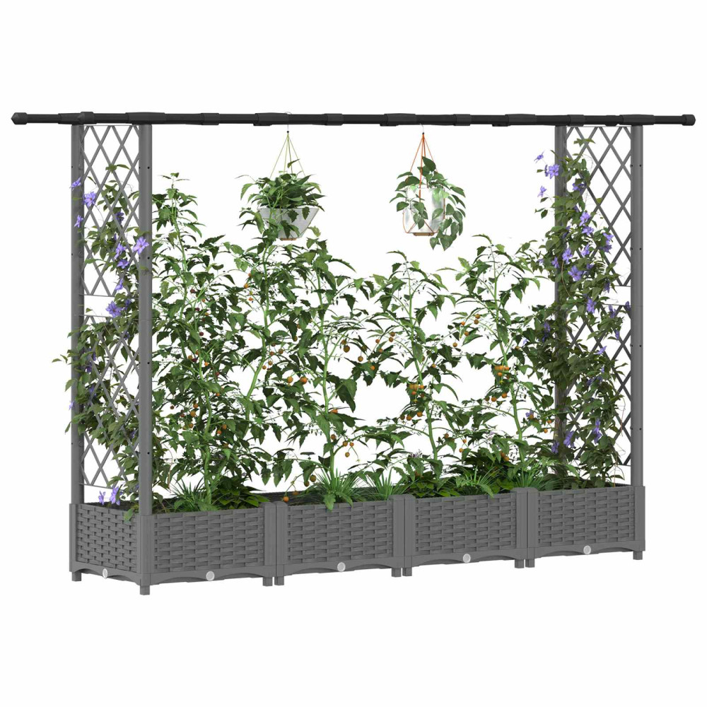 Produktbild för Upphöjd Bädd med Spaljé och Tak Ljusgrå 203 x 40 x 121 cm PP