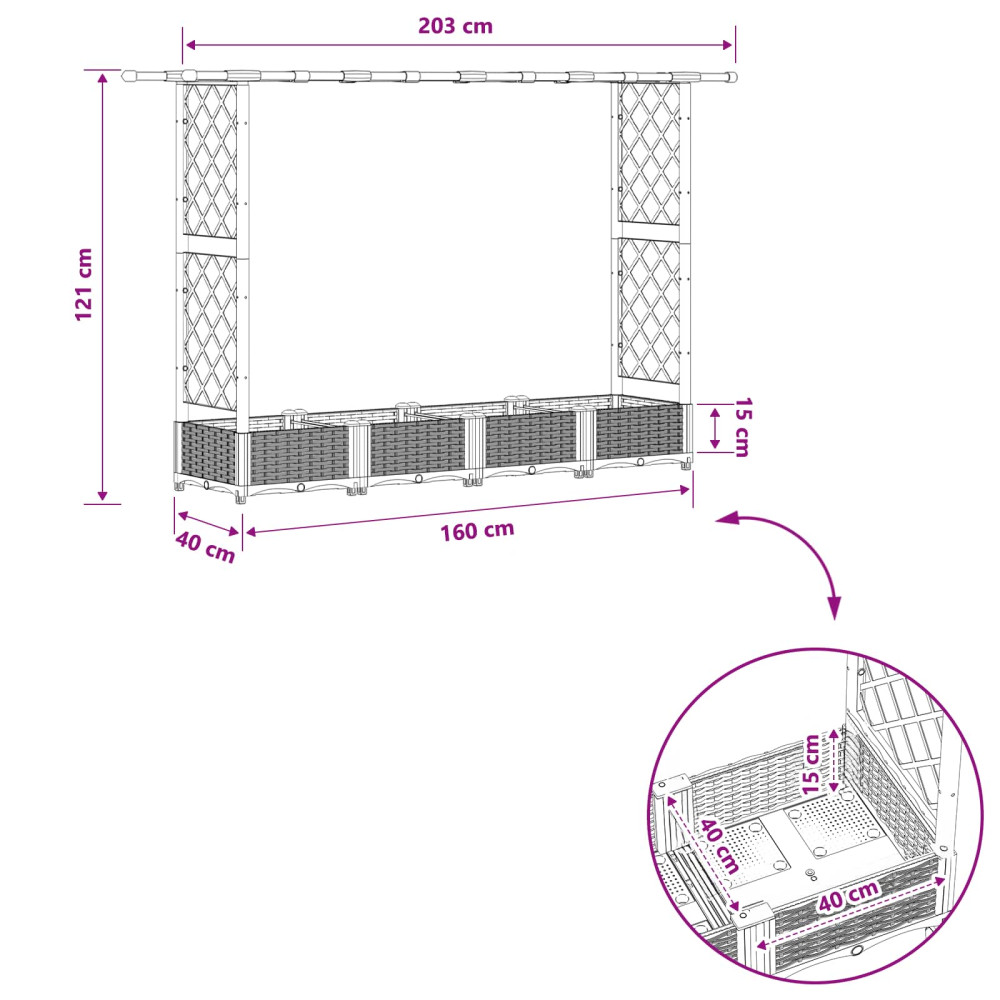 Produktbild för Upphöjd Bädd med Spaljé och Tak Ljusgrå 203 x 40 x 121 cm PP