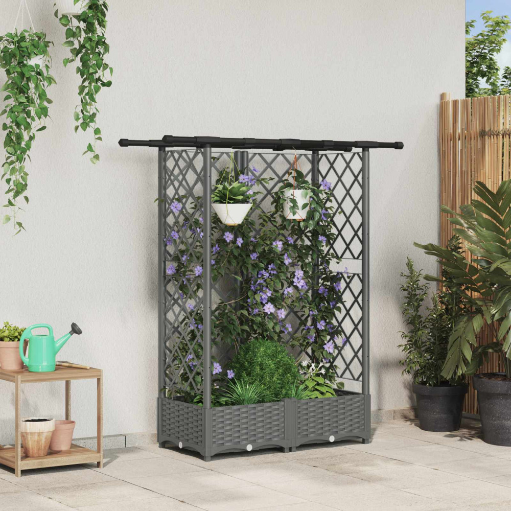 Produktbild för Upphöjd Bädd med Spaljé och Tak Ljusgrå 124 x 40 x 121 cm PP