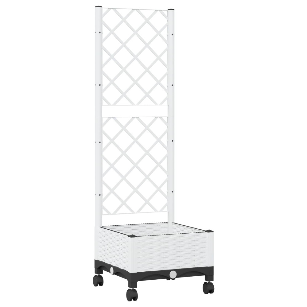 Produktbild för Trädgårdsplanterare med spaljé och hjul Vit 40 x 40 x 131,5 cm