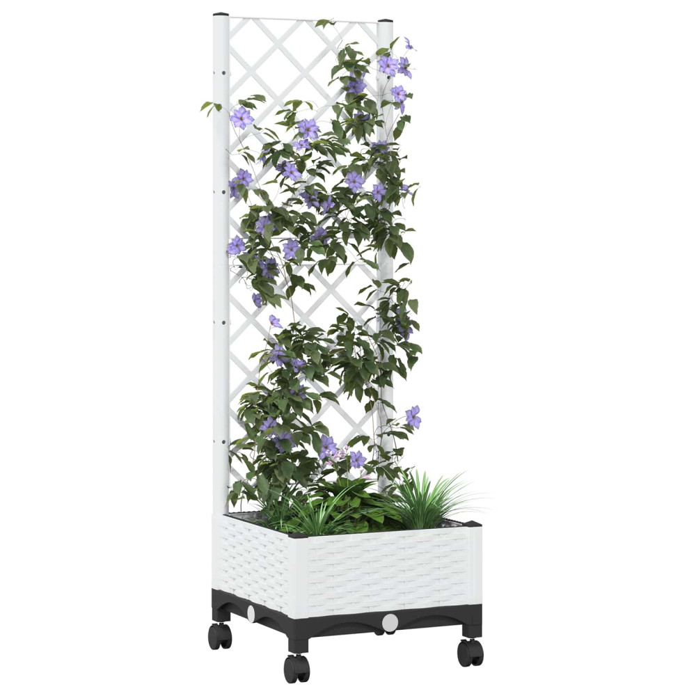 Produktbild för Trädgårdsplanterare med spaljé och hjul Vit 40 x 40 x 131,5 cm