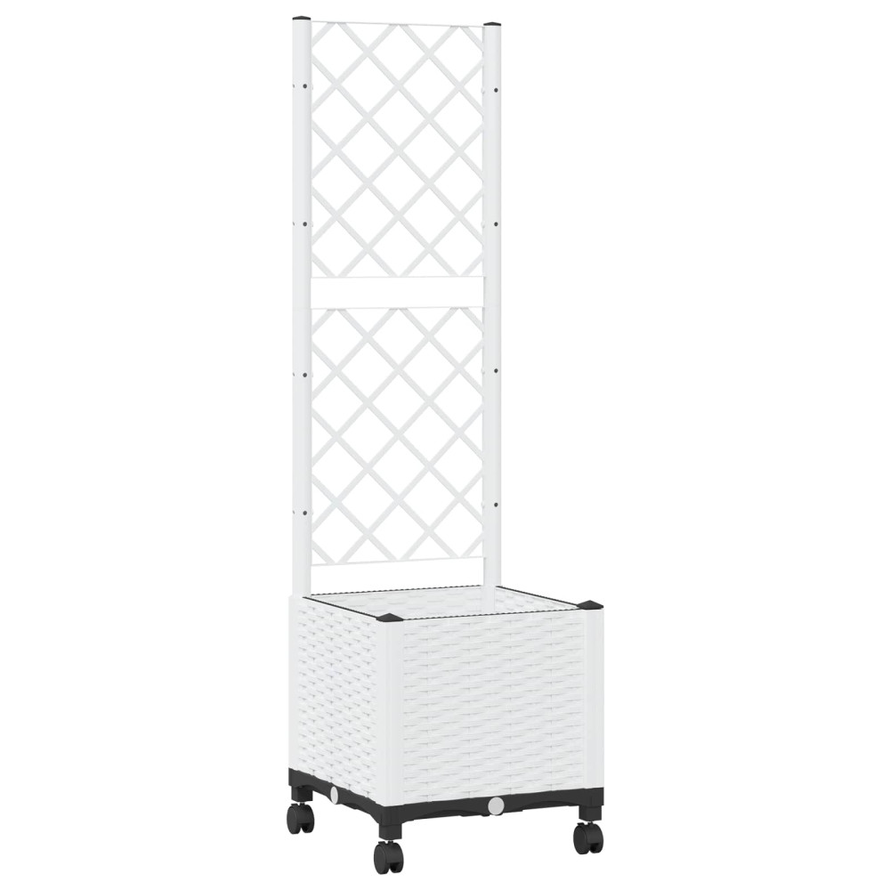 Produktbild för Trädgårdsplanterare med spaljé och hjul Vit 40 x 40 x 146 cm PP