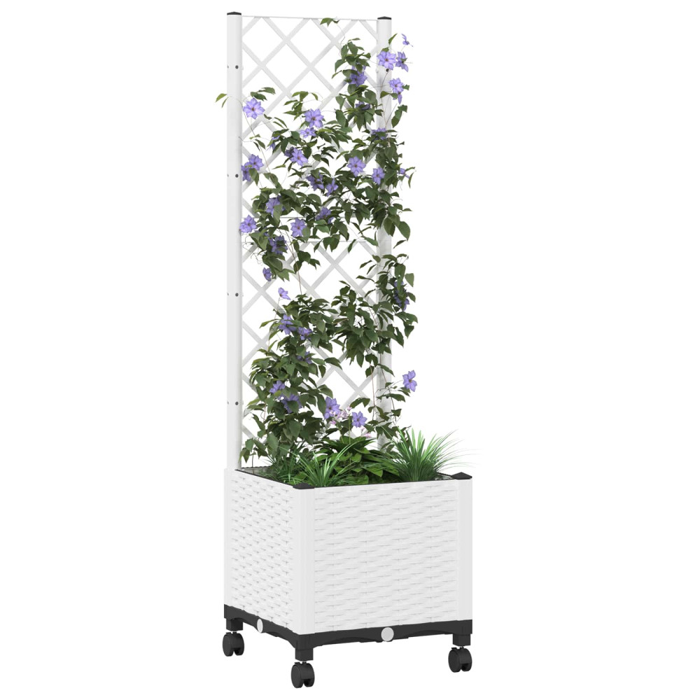Produktbild för Trädgårdsplanterare med spaljé och hjul Vit 40 x 40 x 146 cm PP