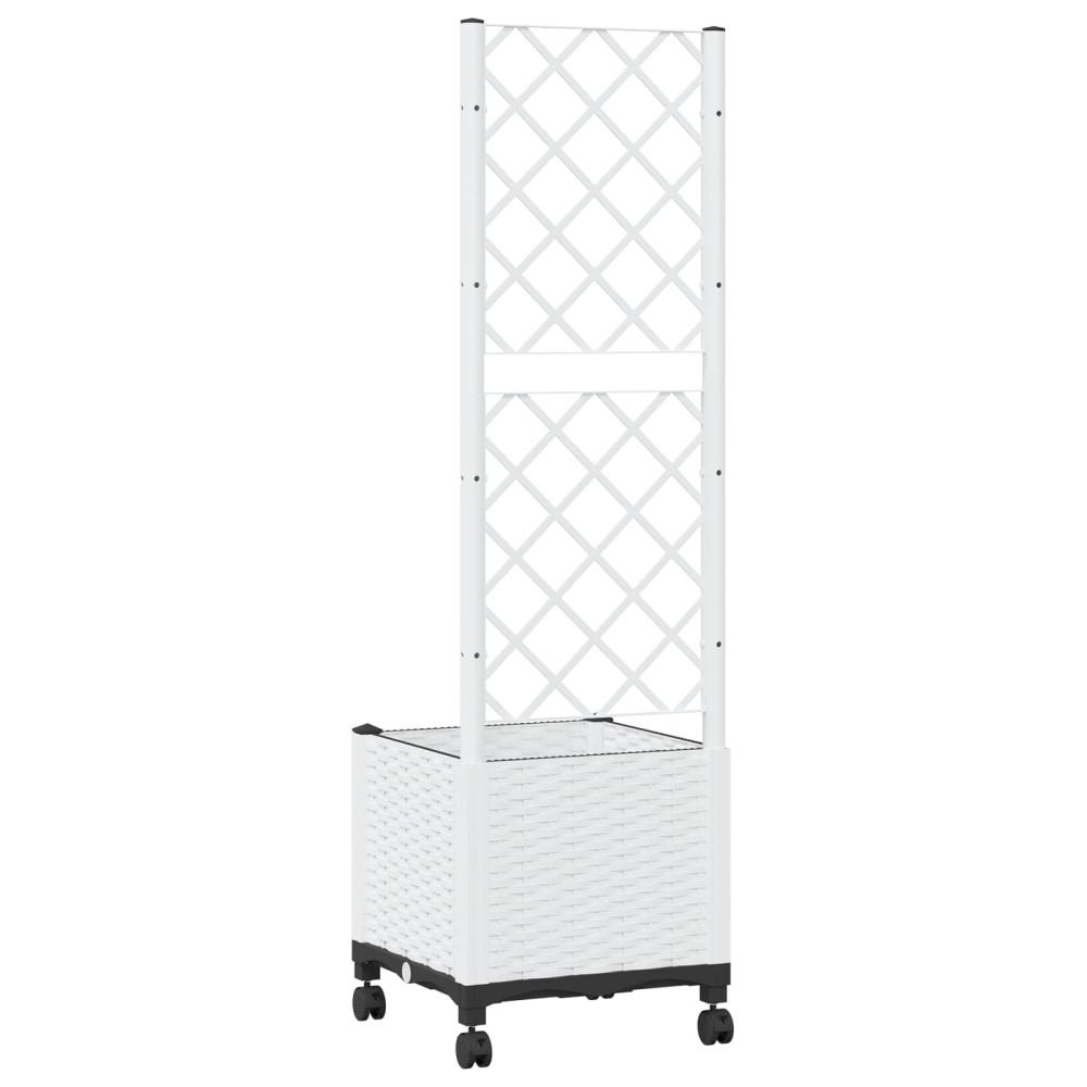 Produktbild för Trädgårdsplanterare med spaljé och hjul Vit 40 x 40 x 146 cm PP